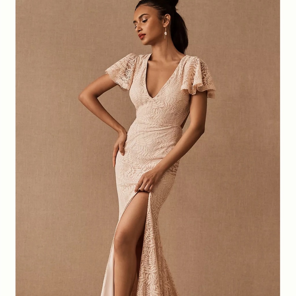 NEW Fame & Partners Chelsey Dress BHLDN Blush Pink Open Back Lace Maxi Size Us 2